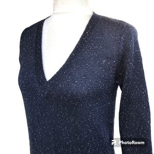 Neiman Marcus Sequin Cashmere Wool Silk Knit Navy Blue V Neck Sweater Women’s